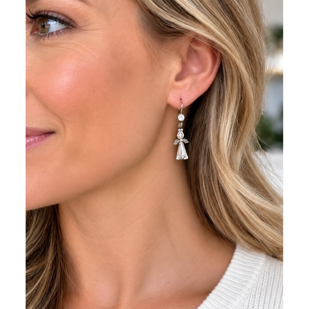 Brighton Tinsel Town‎ Angel Crystal Drop Earrings Silver Tone JA4443 Clear Wings